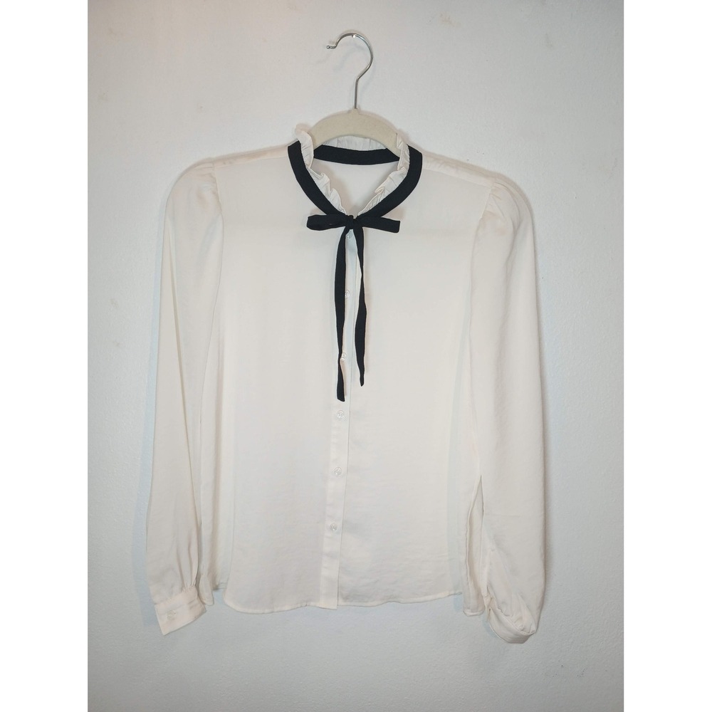 Zara Womens Cream Long Sleeve Ruffle Neck Blouse with Black Bow Tie Secretary S